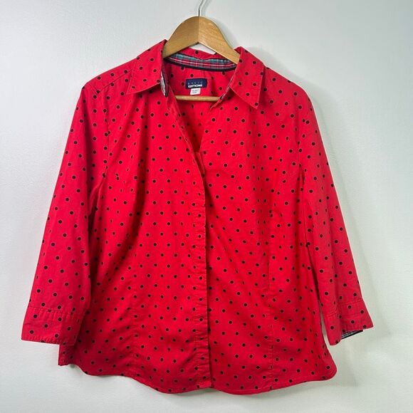 Vintage Basic Editions Red Black Polka Dot Button Up Blouse XXL‎ Sears Cotton - Picture 1 of 11
